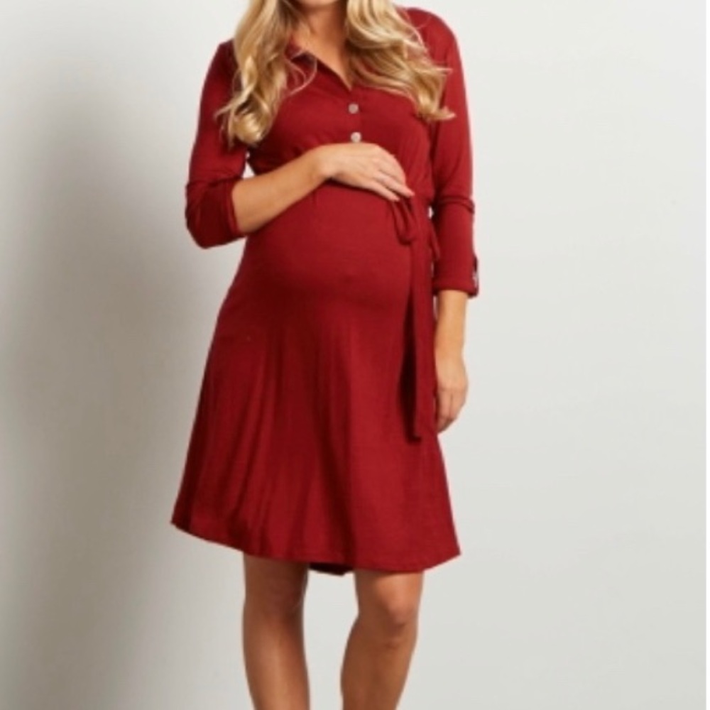 Burgundy Button Sash Dress
